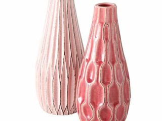 CasaJame 2 x Macetas de Interior y Exterior - Jarrones de Mesa de Cerámica para Plantas - Jardineras de Porcelana Decorativas con Estructura en Relieve - Terracota Rosa Altura 24cm, Ø 10cm