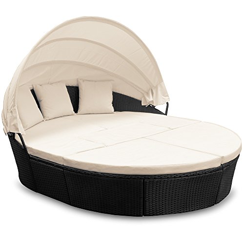 Casaria Tumbona Redonda 2en1 Ø226cm Poliratán Cama Isla Exterior Mesa Toldo Plegable Incl.Cojines