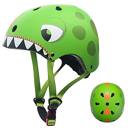 Casco Bici Niño, Casco Infantil para Niños y Niñas de 2-5 Años, Casco Ajustable Ligero Bicicleta Patinaje 50-54 cm, Protección Cabeza Seguridad de Dibujos Animados Dino, Regalo para Niños