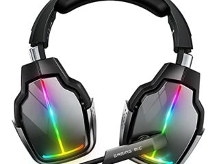 Cascos Gaming PS4, Giratorio de 90° y 4 Modos de Iluminación RGB Auriculares Gaming, Transductores 50mm, Micrófono con Premium Estéreo, Compatibles con PS4, PS5, Xbox One, PC, Switch