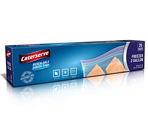 Caterserve - Bolsas grandes para congelador con cremallera, 20 bolsas resellables para sopa, frutas, verduras, aperitivos, sellado hermético, hecho de plástico sin BPA, capacidad de 2 galones