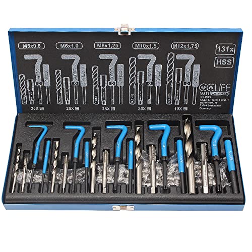 CCLIFE 131 piezas Juego de Reparación de Roscas, Kit Helicoil M5 M6 M8 M10 M12