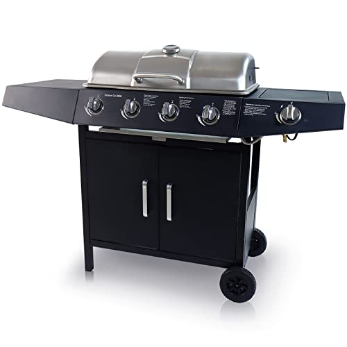 CCLIFE Barbacoa Gas 4+1/6+1 Quemadores BBQ Parrilla Barbacoa Gas con Bandeja de Goteo Aceite y Mesas laterales y Tapa y Ruedas, para Jardin, Terraza, Camping