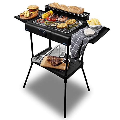 Cecotec Barbacoa Eléctrica PerfectSteak 4250 Stand. 2400 W, Parrilla de acero inoxidable, Soportes con Gran Superficie, 3 Niveles de altura y Panel cortavientos, Bandeja desmontable