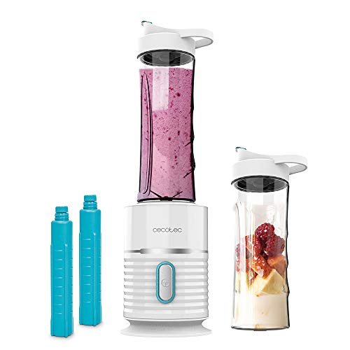 Cecotec Batidora Smoothies de Vaso Individual Power Titanium 500 Fresh&Go .Potencia 500 W, Cuchillas con Recubrimiento de Titanio Negro, 2 Tubos refrigeradores,2 Vasos portátiles de 600 ml
