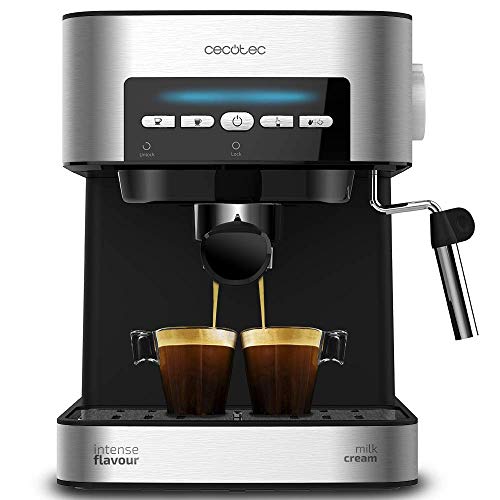 Cecotec Cafetera express Power Espresso 20 Matic. 850 W, 20 Bares, 1,5L, Brazo Doble Salida, Vaporizador, Superficie Calientatazas, Mandos Digitales, Acabados en Acero Inoxidable, Negro/Plata