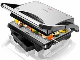 Cecotec Parrilla Eléctrica Rock'nGrill 1000. 1000 W, Revestimiento Antiadherente RockStone, Placa superior flotante, Cajetín recogegrasas, 25.5 x 29.5 x 10 cm, Color Acero/Negro