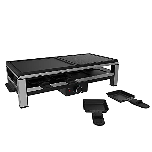 Cecotec Raclette de Queso y grill Cheese&Grill 12000 Inox MixGrill. 2000 W, Parrilla superior con dos placas: Aluminio y Piedra, Acabados en acero inox, 8 sartenes individuales, Diseño extraíble
