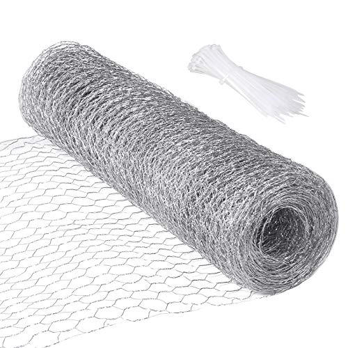 Celyoce 0,4 m x 10 m Alambre de red de pollo para proyectos artesanales, alambre hexagonal galvanizado ligero, con 100 PCS Nylon Cable Zip Corbatas para la artesanía DIY y la decoración del hogar