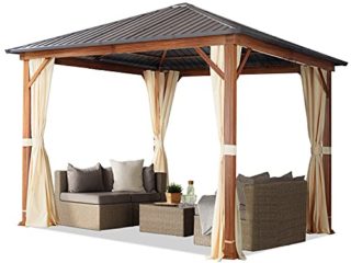 Cenador de jardín 3x3 m, Aspecto Madera, Techo sólido, 4 Cortinas en champán