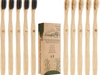Cepillo Dientes Bambu, Paquete de 10 Cepillos de Dientes,5 cepillo de carbón bambú y 5 cepillo de fibra bambú,100% Libre de BPA,Cepillos de Dientes Naturales y Veganos para Una Mejor Limpieza