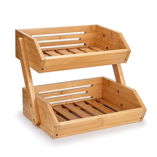 Cesta de Frutas de Bambú, 2 Niveles Estante para Frutas, Cuenco de Frutas Decorativo, Organizador de Soporte de Almacenamiento para Pan y Verduras para Cocina
