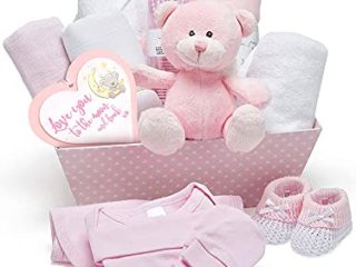 Cesta Regalo Bebé Niña Color Rosa - Con Manta de Forro Polar, Toalla con Capucha, Ropa Bebé, 2 Muselinas Bebé y Osito de Peluche