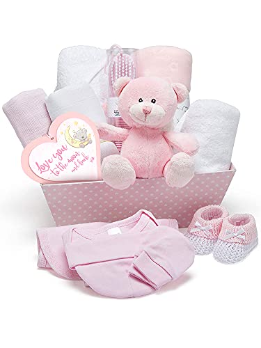Cesta Regalo Bebé Niña Color Rosa - Con Manta de Forro Polar, Toalla con Capucha, Ropa Bebé, 2 Muselinas Bebé y Osito de Peluche