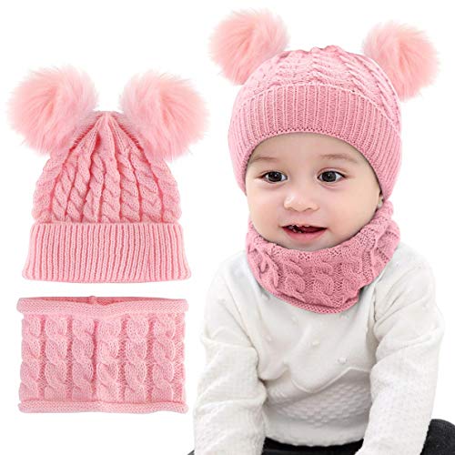 CheChury Conjunto de Bufanda y Gorro de Punto Unisex Niños Niñas Invierno cálido Punto Beanie Gorros con Pompon Bufanda de Punto Cuello Redondo Bebé,Rosa,Talla única