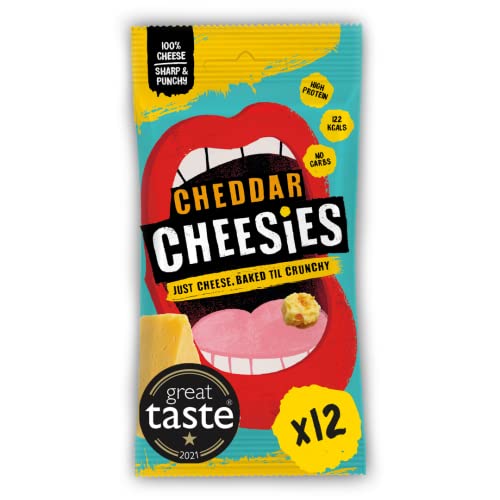 CHEESIES | Snack Keto de Queso Crujiente | Cheddar | 100% Queso | Sin Azúcar, Sin Gluten, Sin Carbohidratos | Aperitivo Alto en Proteínas y Vegetariano | Crujiente y Sabroso | 12 Bolsas de 20g