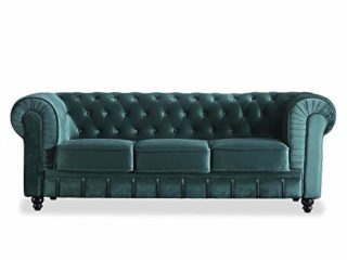 Chesterfield, Sofa de Tres Plazas, Sillon Descanso, 3 Personas, Acabado en Tejido Velvet Verde y Capitone, Medidas: 211 cm (Largo) x 84 cm (Fondo) x 75 cm (Alto)