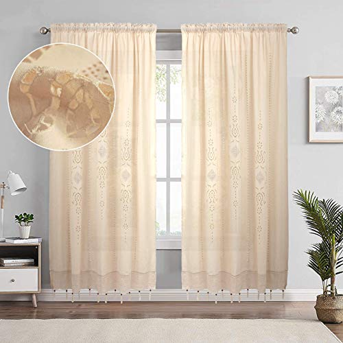 choicehot Cortina de Estilo Europeo con Borlas, Estilo Rústico, de Ganchillo, Vintage Bordado, de Algodón Lino, para Cocina, para Habitación Infantil, para Salón, 1 Unidad Beige 150 x 180 cm