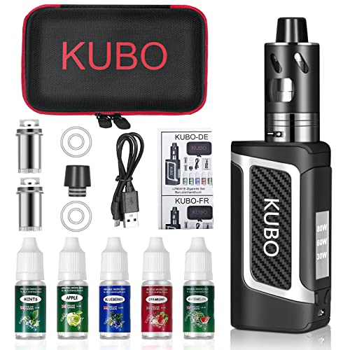 Cigarrillo electrónico Kit Cigarro electrónico y 5x10 ml E líquido 80W Mod con 0,5 Ohm/ 3 ml Atomizador 2000 mAh Batería Vape, Pantalla LED de vatio ajustable 0,0mg nicotina E Cigarette LZ80W - Negro