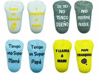 Cincobebé Juego de Calcetines Antideslizantes para Bebé/Recién Nacido,con Frases en Español Divertidas Lindas para Niños y Niñas,Apto para Todas las Estaciones,4 Pares,0-6 Meses,Unisex,Caja Regalo