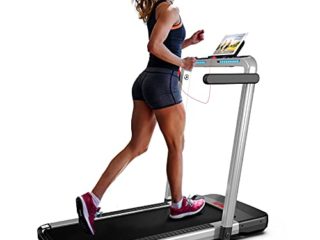 Cinta de Correr Plegable 2 en 1,FLYLINKTECH Home Cinta de Correr Silencioso con Bluetooth, hasta 14 km/h, 40 * 100cm cinturón para Correr, 12 Modos de Ejercicio, Pantalla táctil LCD (Blanco Plateado)