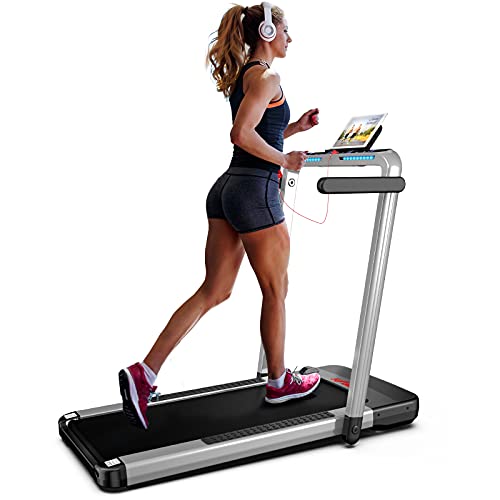 Cinta de Correr Plegable 2 en 1,FLYLINKTECH Home Cinta de Correr Silencioso con Bluetooth, hasta 14 km/h, 40 * 100cm cinturón para Correr, 12 Modos de Ejercicio, Pantalla táctil LCD (Blanco Plateado)