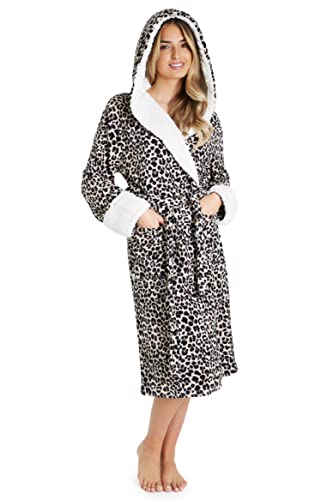 CityComfort Bata de Estar por Casa Mujer Invierno con Capucha, Ropa de Dormir Suave Material de Forro Polar, Batín Tejido Peluche Accesorios Mujer, Regalos para Mama (M, Estampado de Leopardo)
