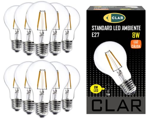 CLAR - Bombillas LED E27 Luz Cálida 8W, Bombilla Filamento LED E27 Vintage, Bombilla Edison (Casquillo Gordo) Equivalente a 70W-80W, 8W Blanco Cálido 2700ºK (Pack 10)