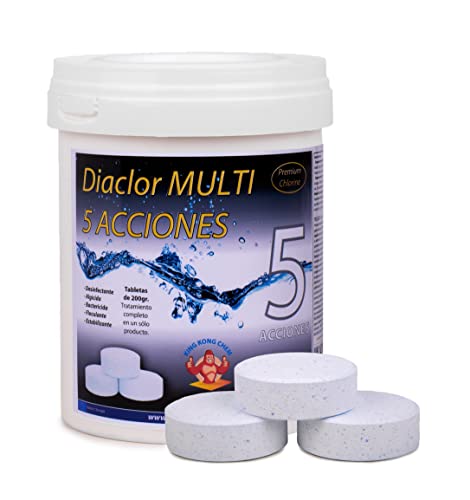 Cloro para Piscinas DIACLOR MULTI 5 ACCIONES 1 KG - 5 Pastillas de Cloro Lento (200 gr- 7,5 cm Diámetro) - Tratamiento Completo 5 EFECTOS - SIN COBRE - NUEVA FÓRMULA 100% SEGURA