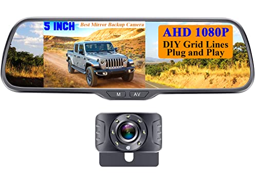 Cámaras de Marcha atrás Juego de Soportes para Placa de matrícula Pantalla LCD de 5 "en el Espejo retrovisor, admite 2 cámaras de visión Trasera AHD 1080P Raw Super Night Vision
