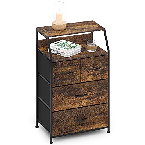 Cómoda con 4 Cajoneras Armario Almacenaje Mueble Organizador Vintage Aparadores Multiusos Gabinete de Almacenamiento para Dormitorio Entrada Recibidor Cocina Salon Marrón + Negra Acero + Madera