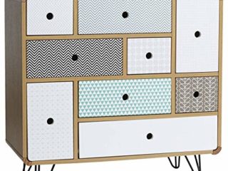 Cómoda de noche Buda de 9 Cajones multicolor, color Roble, patas de metal en Negro