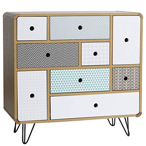 Cómoda de noche Buda de 9 Cajones multicolor, color Roble, patas de metal en Negro