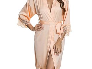 CMTOP Bata Mujer Seda Satén Corto Kimono Bata Pijama Vestido de Encaje Ropa de Dormir Suave Talla Grande Albornoces para Mujer Novia Dama de Honor(champán,XL)