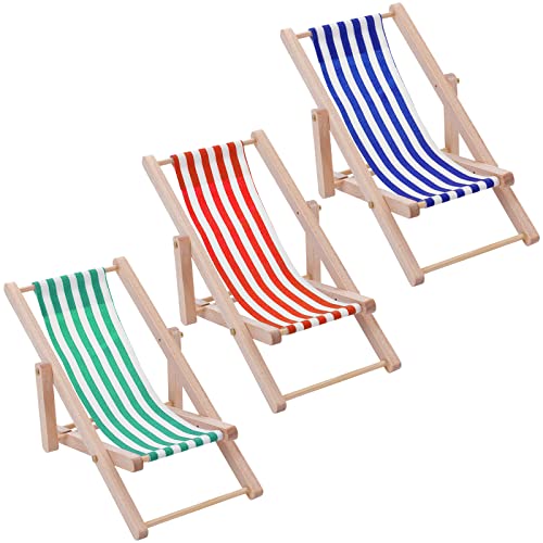 cobee Silla de playa en miniatura de 3 piezas, mini silla de playa plegable de madera para casa de muñecas, mini silla de cama, accesorios para interiores y exteriores