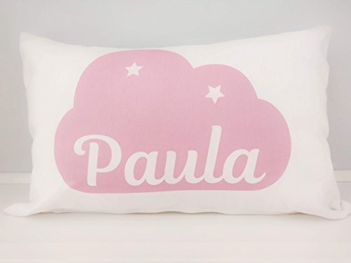 Cojín infantil personalizado 50x30 cm con el nombre, incluye relleno, para niño y niña con nube de color a escoger, regalos originales y únicos, ideal para decoración habitación bebé infantil