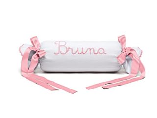 Cojín para Bebé Personalizado – Cojín Cuna Personalizado - Caramelo bebé con Nombre - Rulo bebé Personalizado - Cojín Cuna bebé - Cojín Recién Nacido - Piqué - Nenel (Blanco/Rosa bebé)