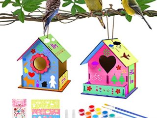colmanda 2 Pcs Casa de pájaros para Pintar de Bricolaje, Kit de Casas de Pájaros de Madera DIY Casas de Pájaros Manualidades con Herramientas de Pintura Regalo para Niños