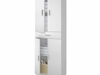Columna de baño, Mueble de Lavabo, 4 Puertas y 1 cajón, Modelo Aruba, Acabado en Blanco Brillo, Medidas: 60 cm (Ancho) x 182 cm (Alto) X 29 cm (Fondo)