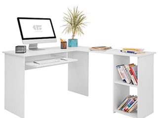 COMIFORT Escritorio Forma L - Mesa de Estudio Esquinera con Estantería de Estructura Firme, Moderna y Minimalista con 2 Baldas Espaciosas y de Gran Capacidad. Escritorio en L - Serpis Blanco