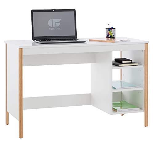 COMIFORT Escritorio Ordenador - Mesa Escritorio con 3 Huecos Abiertos para Almacenamiento, Diseñado en España con Acabado en Melamina, Escritorio Juvenil - CERREDO Blanco