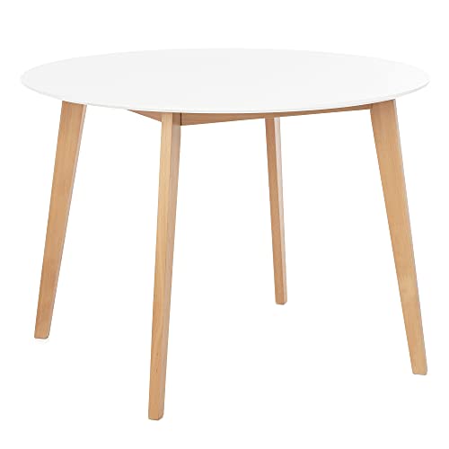 COMIFORT Mesa Comedor o Cocina Vettore, Mesa Redonda Diseño Nordico Patas de Madera de Haya, Mesa Alta para Salon Estilo Moderno, Acabado Lacado, Color Patas Haya