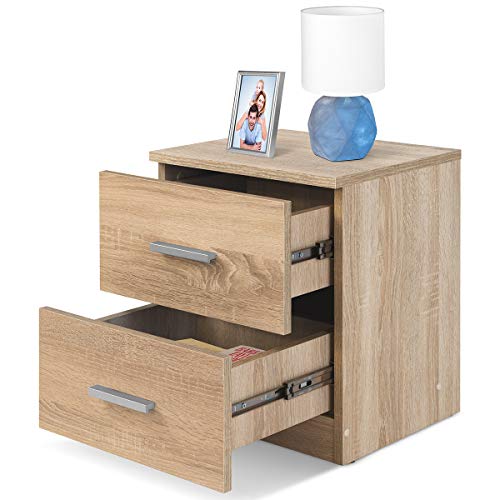 COMIFORT Mesa de Noche - Mesita Auxiliar para el Dormitorio de Estilo Nórdico, Moderna y Minimalista, con 2 Espaciosos Cajones, Muy Resistente, de Color Roble