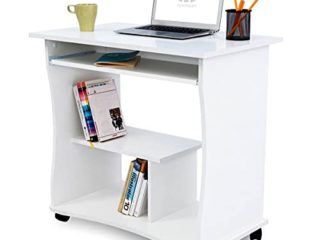 COMIFORT Mesa de ordenador con Bandeja Extraíble – Escritorio Robusto y Espacioso, Estilo Moderno y Minimalista, Capacidad Almacenaje, Estante y Ruedas, Color Blanco