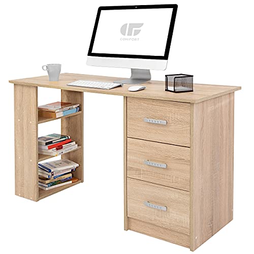COMIFORT. Mesa de Trabajo – Escritorio Robusto y Espacioso, Estilo Moderno y Minimalista, con Gran Capacidad de Almacenaje, 3 Baldas y 3 Cajones, Color Roble