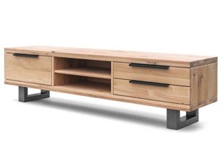 COMIFORT Mueble de TV - Mesa de Roble Macizo para Salón Moderno, Estilo Nórdico, con 3 Cajones y 2 Estantes, Patas de Acero con Acabado Negro, Color Dorado