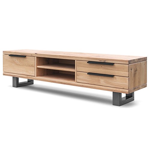 COMIFORT Mueble de TV - Mesa de Roble Macizo para Salón Moderno, Estilo Nórdico, con 3 Cajones y 2 Estantes, Patas de Acero con Acabado Negro, Color Dorado