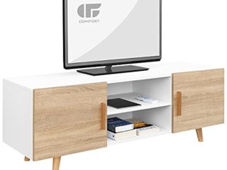 COMIFORT Mueble de TV - Mesa de Salón Moderno, Estilo Nórdico, Puertas con Tirador y Patas de Haya 100%, Muy Resistente, Fabricado en Europa, Color Blanco y Roble