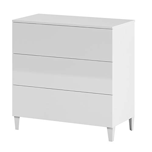 Comoda 3 Cajones, Dormitorio, Modelo Loft, Acabado en Color Blanco Brillo, Medidas: 80 cm (Ancho) x 76 cm (Alto) x 40 cm (Fondo)