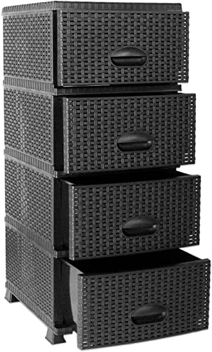 Comoda Cajonera Organizador 4 Cajones de Plástico Efecto Mimbre Almacenamiento (Antracita)